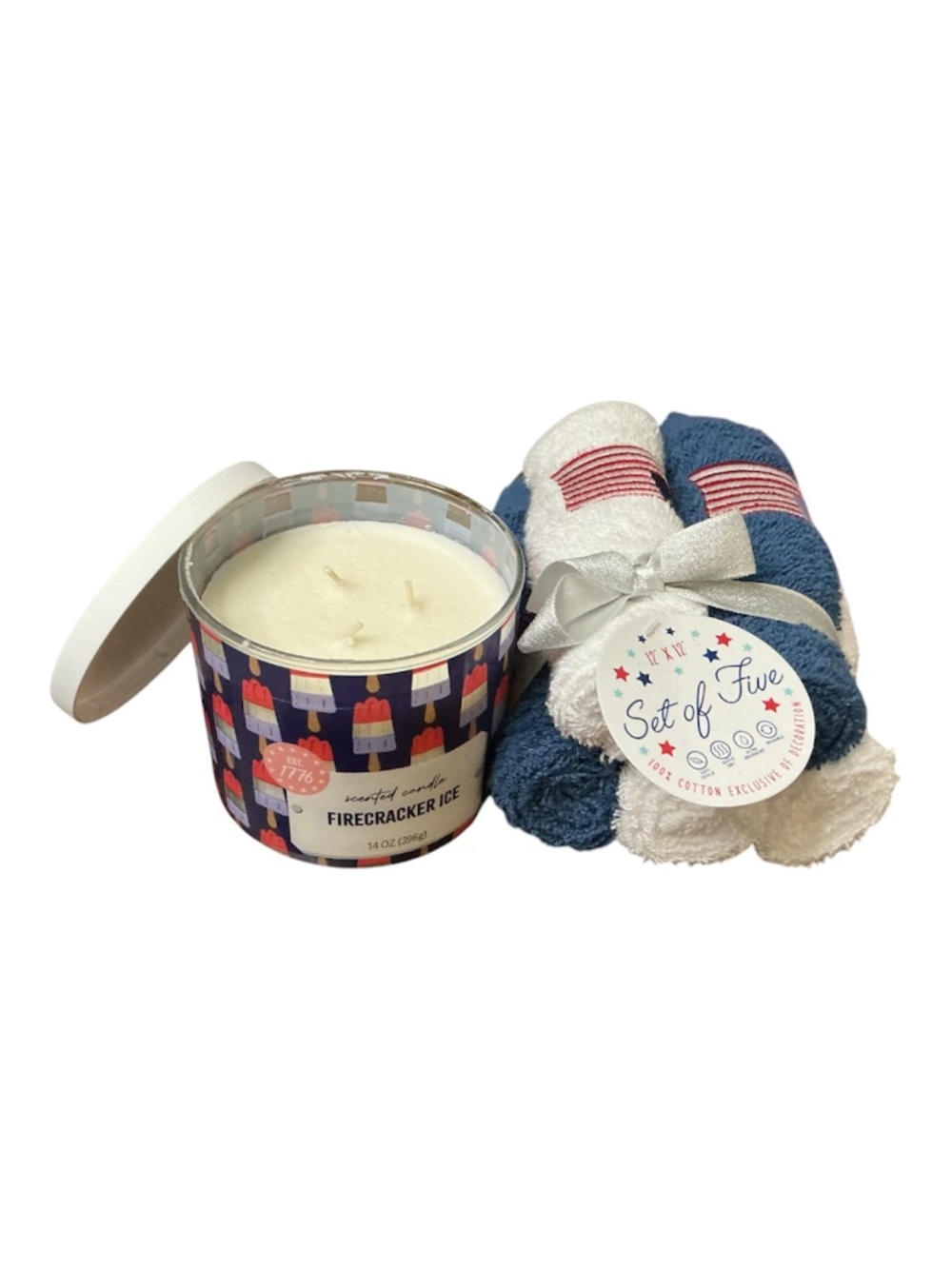 FIRECRACKER ICE 3 wick candle & FIVE PATRIOTIC WASH CLOTHS - Picture 2 of 3